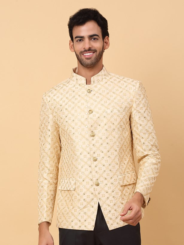 KRAFT INDIA Men's Regular Fit Embroidered Silk Blend Zari Bandhgala Coat