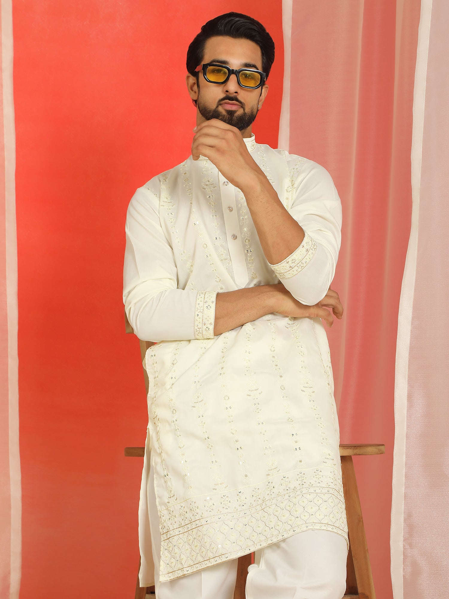 Men Cotton Silk Floral Thread Work Sequined Festive Kurta