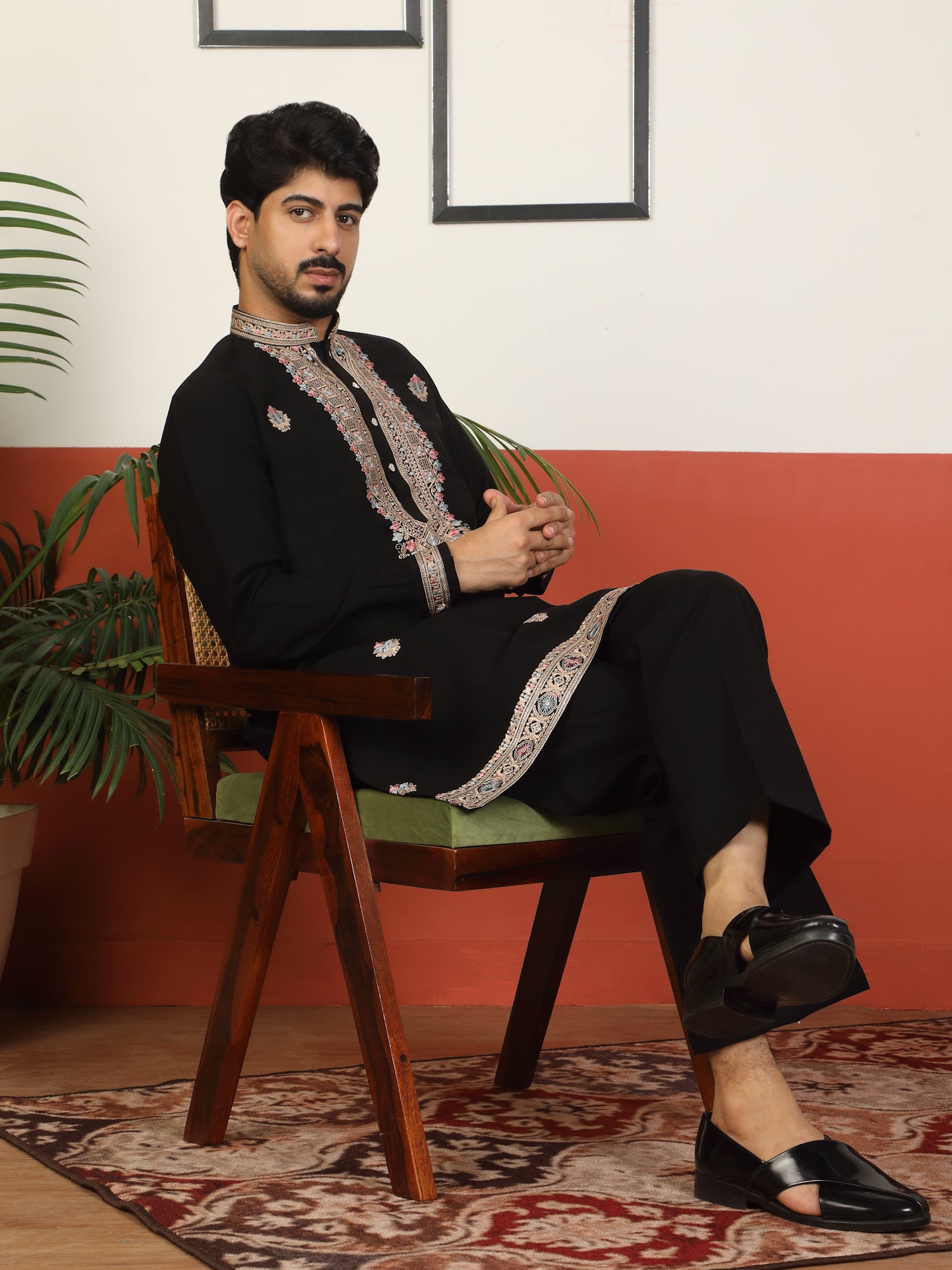 Men's Yoke Design Embroidered Japanese Fabric Mandarin Collar Long Kurta