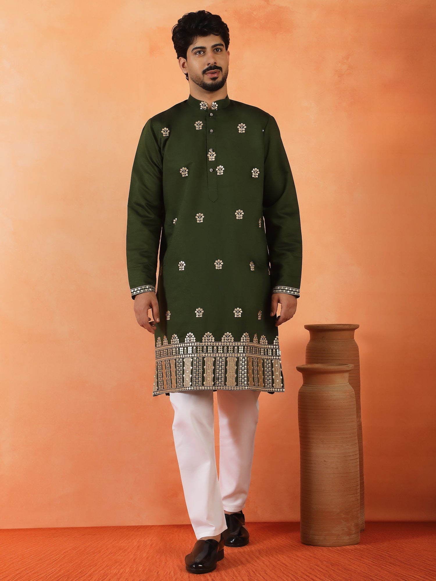 Men Embroidered Floral Designed Daman Work Cotton Silk Straight Long Kurta