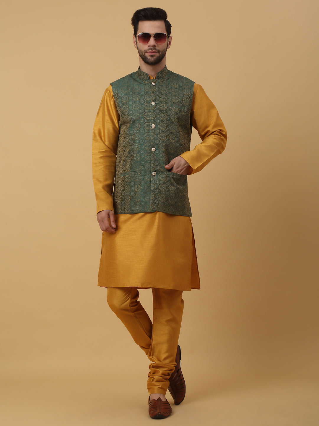 KRAFT INDIA Men's Silk Blend Mustard Kurta, Churidar with Jacquard Bandhani Silk Blend Nehru Jacket Set