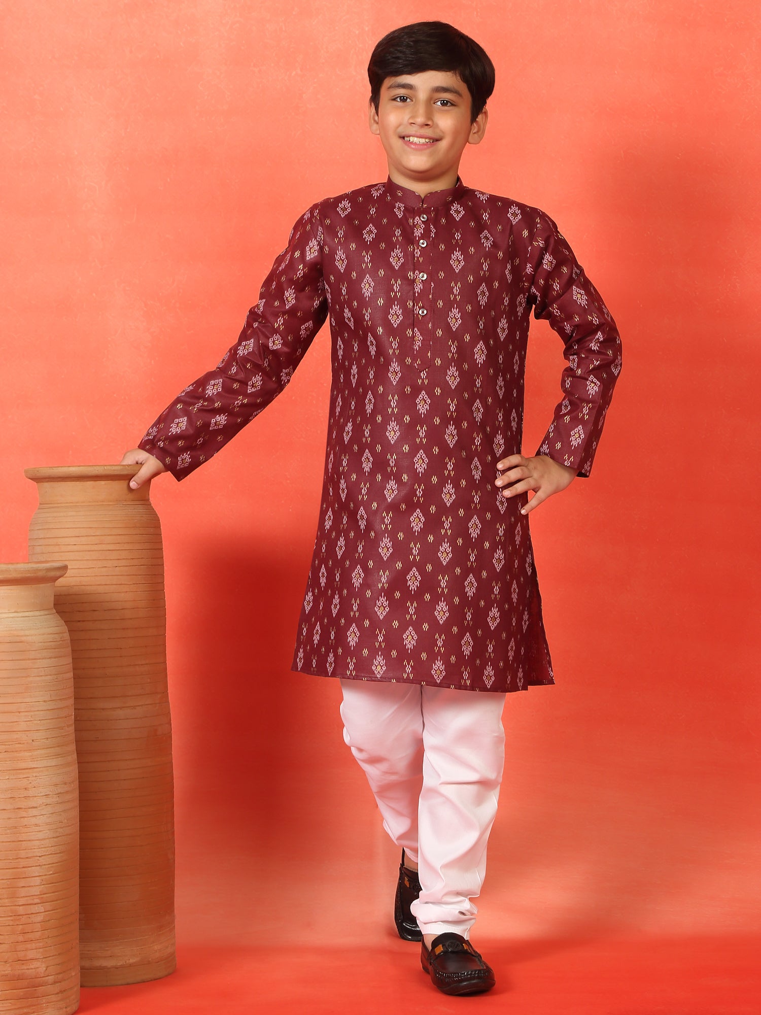 Kid's Geometric Print Cotton Blend Straight Kurta