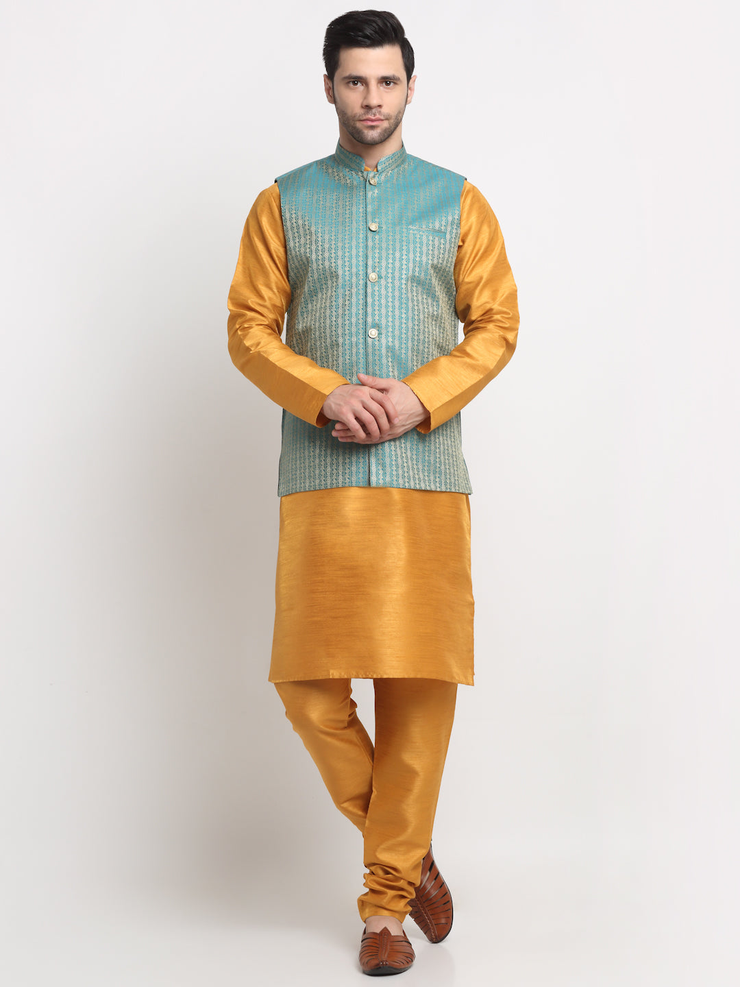 KRAFT INDIA Men's Silk Mustard Kurta Churidar with Nehru Jacket Set