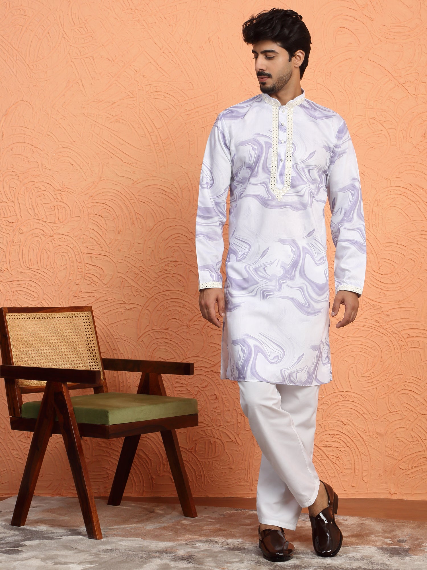 LUXE- Men's Cotton Silk Tie-Dye Printed Yoke Design Sequence Kurta