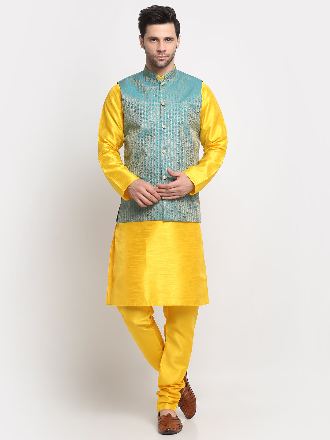 KRAFT INDIA Men's Silk Yellow Kurta Churidar with Nehru Jacket Set