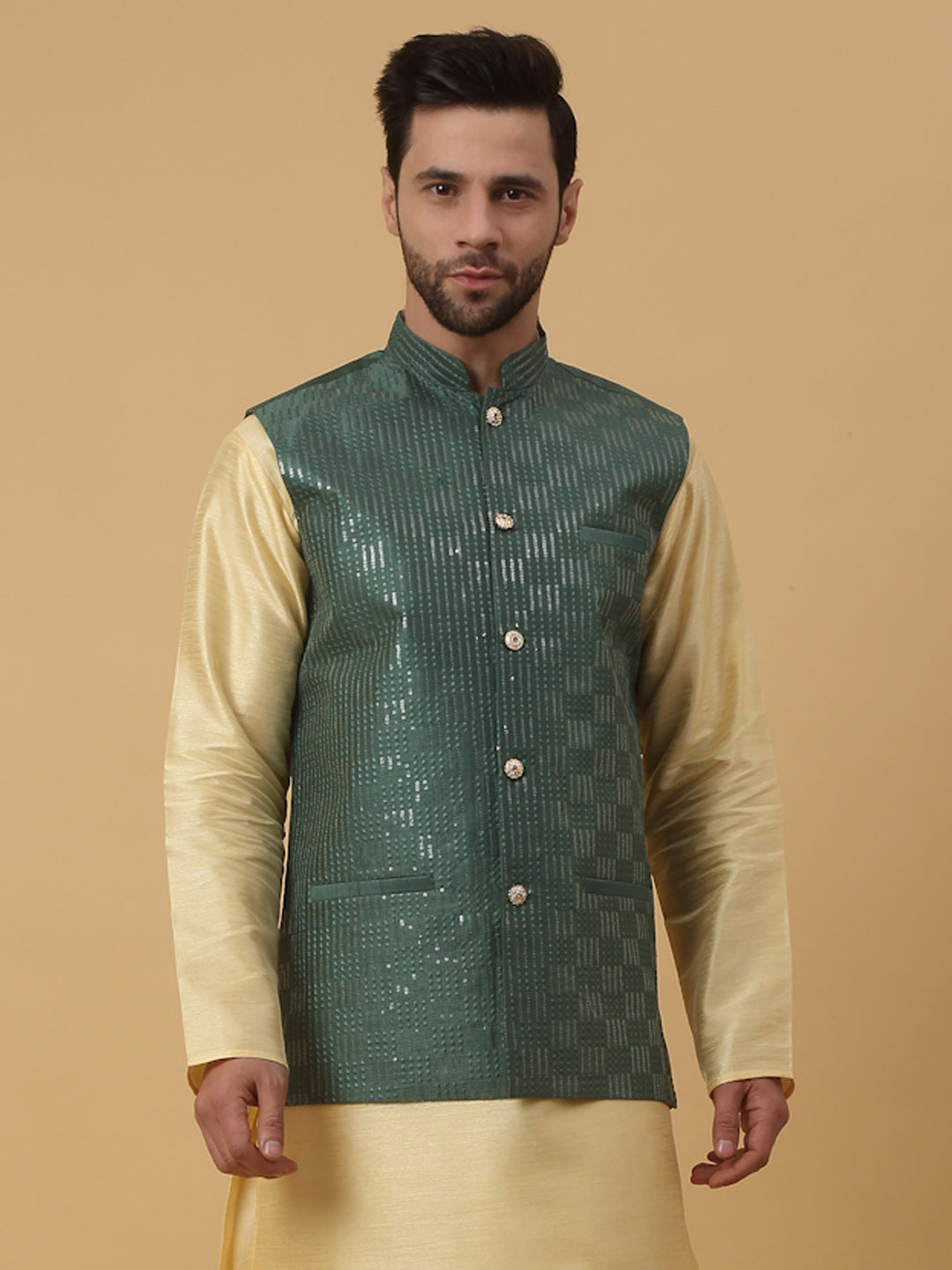 KRAFT INDIA Men's Cotton Silk Sequenced Sleeveless Embroided Nehru Jacket