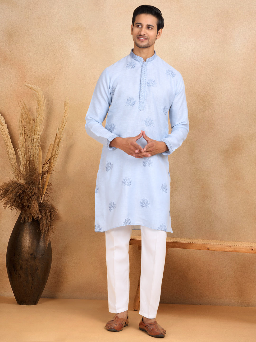 LUXE- Cotton Embroidered Work Straight Kurta With White Elastic Waistband Trouser Pant