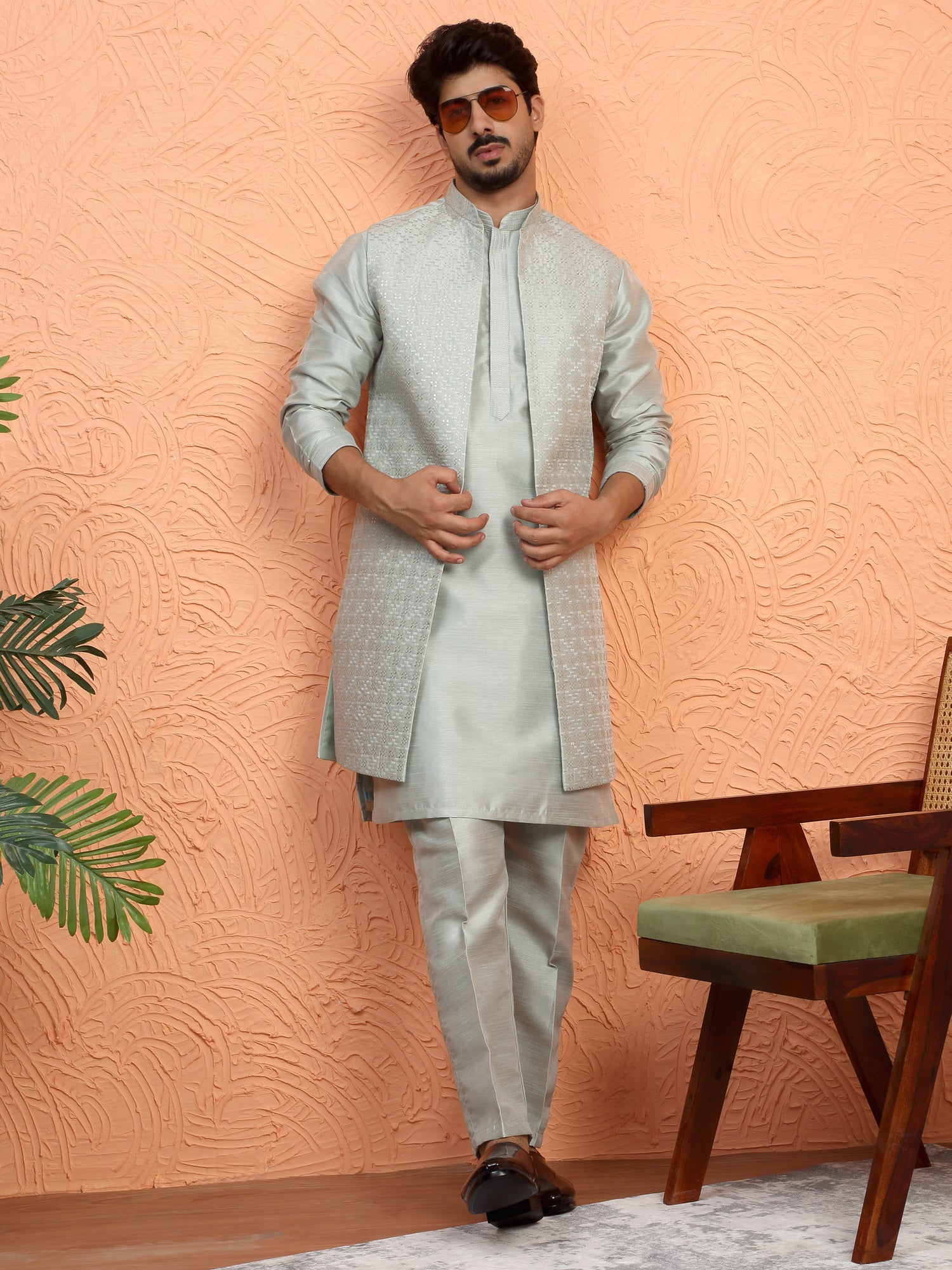 LUXE-Men's Silk Blend Anchor Work Kurta Trouser Set with Long Embroidered Sequin Nehru Jacket