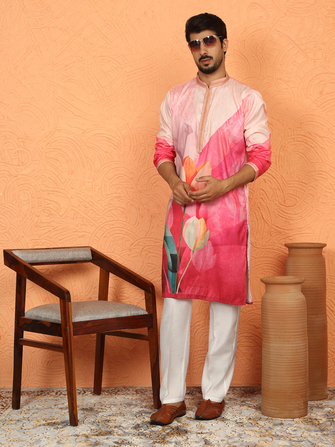 Men’s Cotton Silk Floral Printed Anchor Neck Work Kurta Set with White Silk Trouser