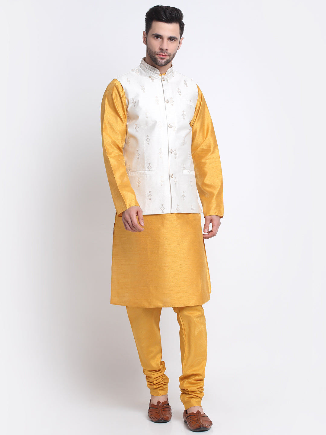 KRAFT INDIA Men Mustard Silk Kurta & Churidar With Cream Sequenced Nehru Jacket