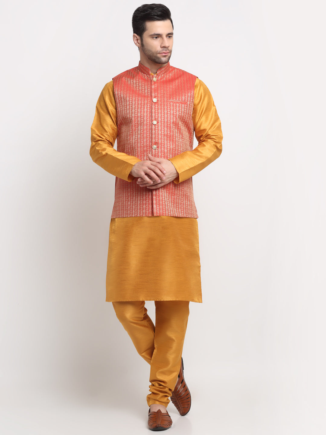 KRAFT INDIA Men's Silk Mustard Kurta Churidar with Nehru Jacket Set