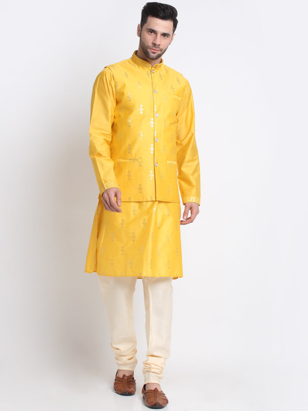 Ethnic Motifs Embroidered Sequence Regular Kurta With Churidar & Nehru Jacket
