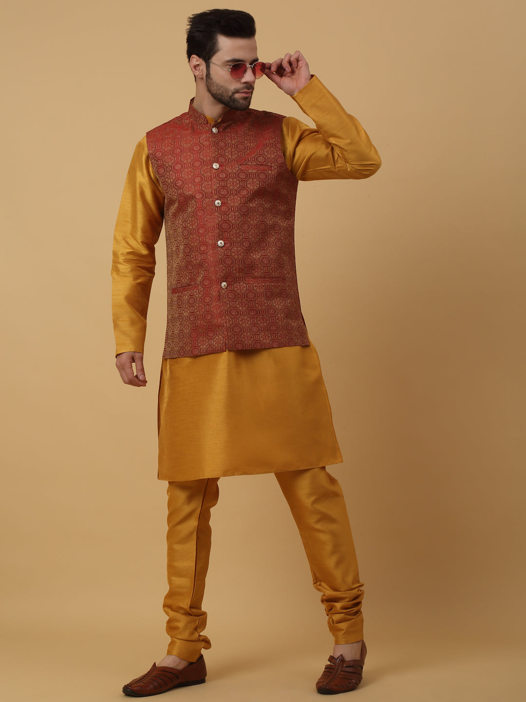 KRAFT INDIA Men's Silk Blend Mustard Kurta, Churidar with Jacquard Bandhani Silk Blend Nehru Jacket Set