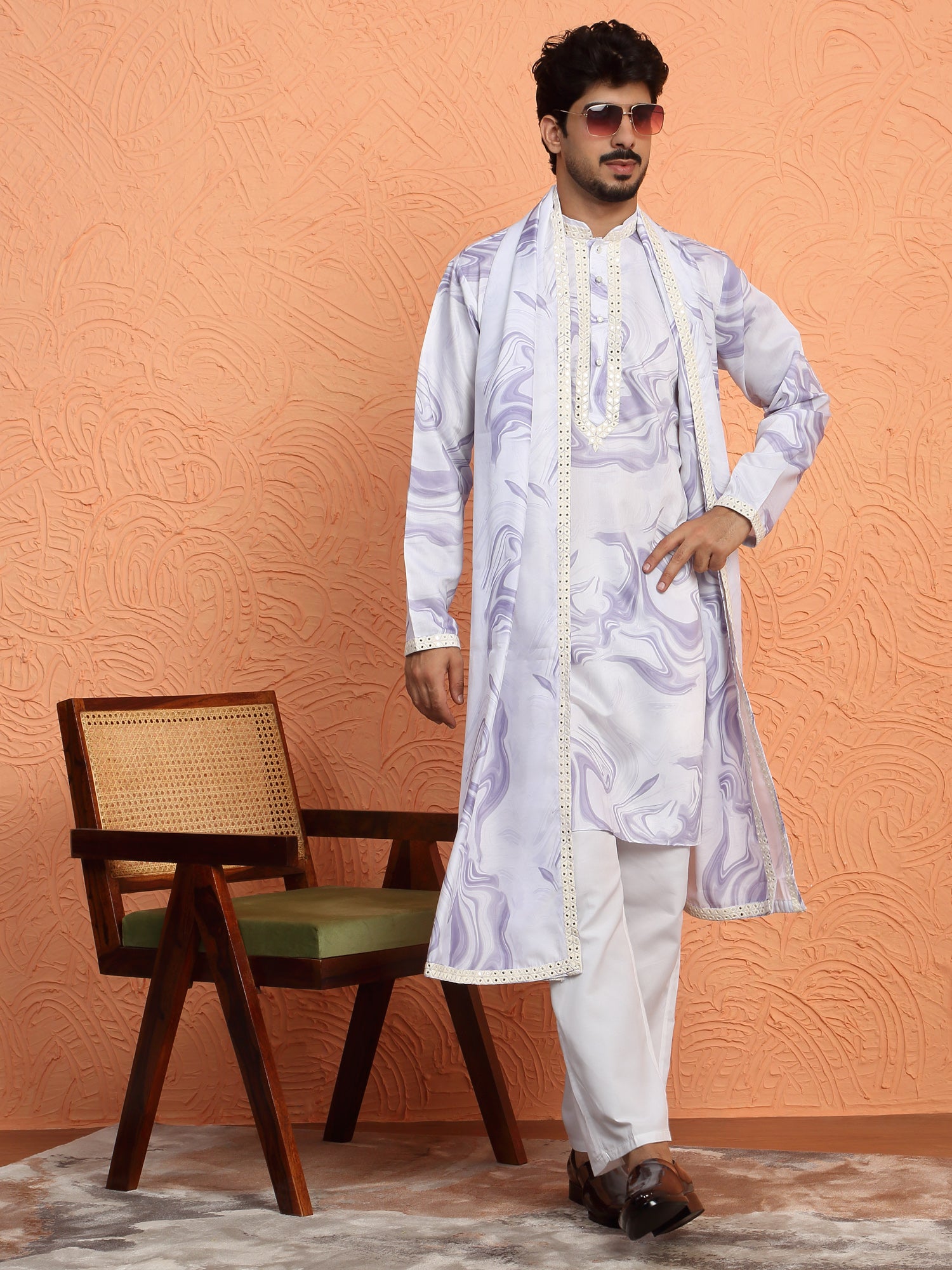 LUXE-Men's Cotton Silk Tie-Dye Printed Yoke Design Sequence Kurta Trouser Pant Set With Matching Duppatta