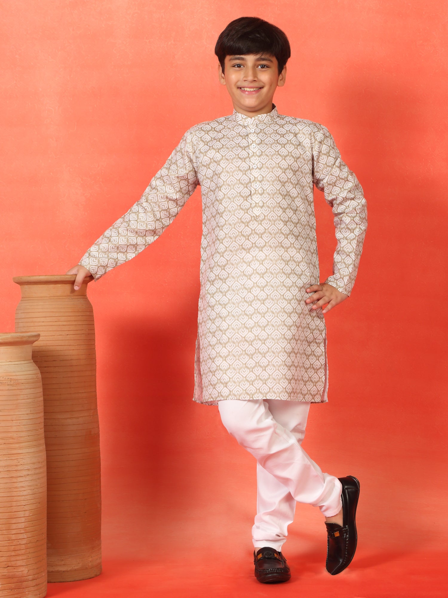 Kid's Geometric Print Cotton Blend Long Kurta Pyjama Set