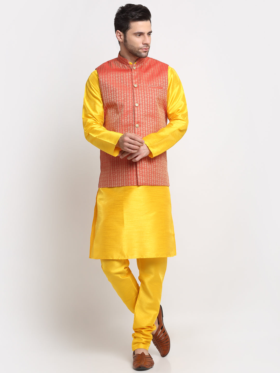 KRAFT INDIA Men's Silk Yellow Kurta Churidar with Nehru Jacket Set