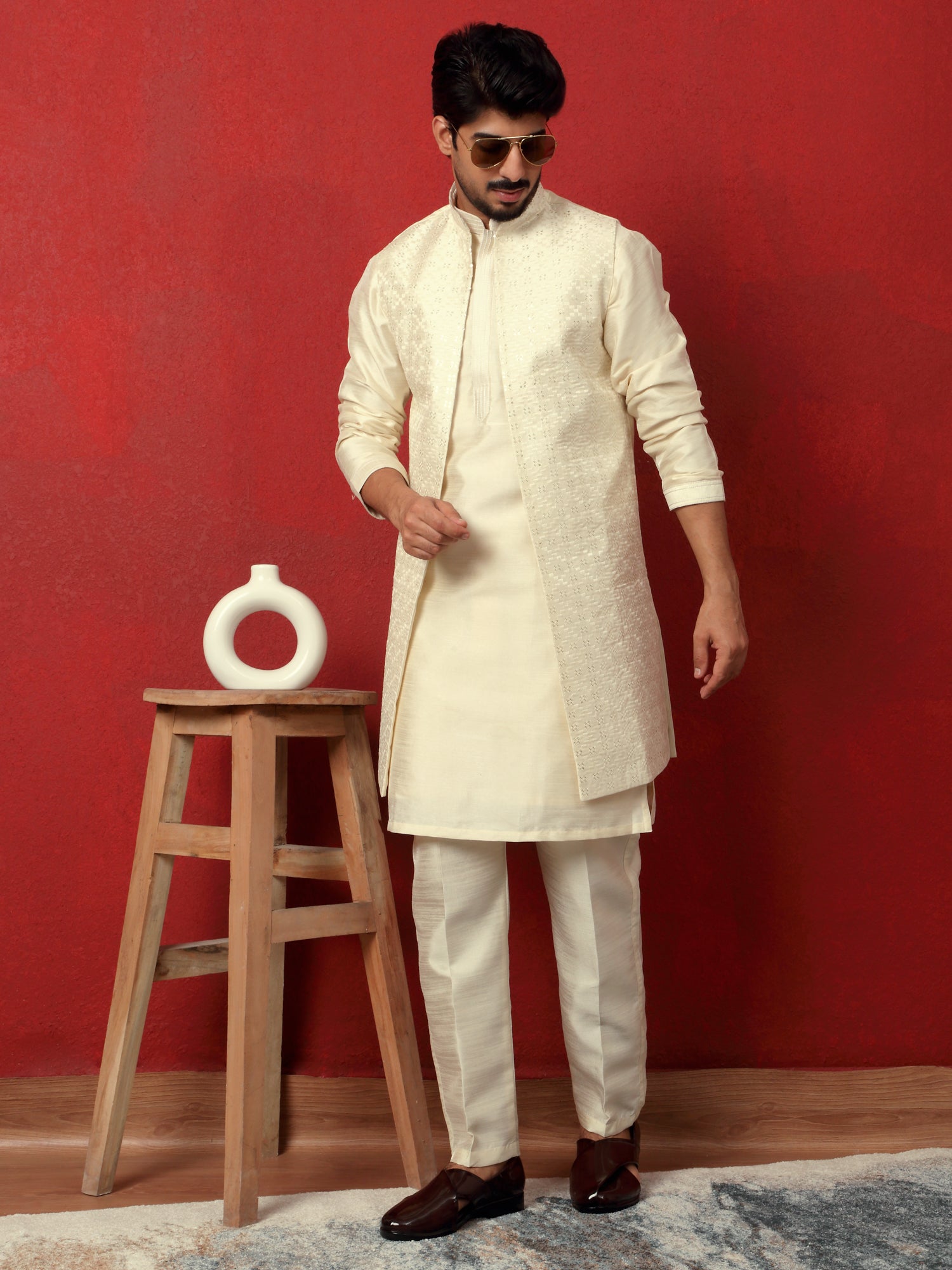 LUXE-Men's Silk Blend Anchor Work Kurta Trouser Set with Long Embroidered Sequin Nehru Jacket