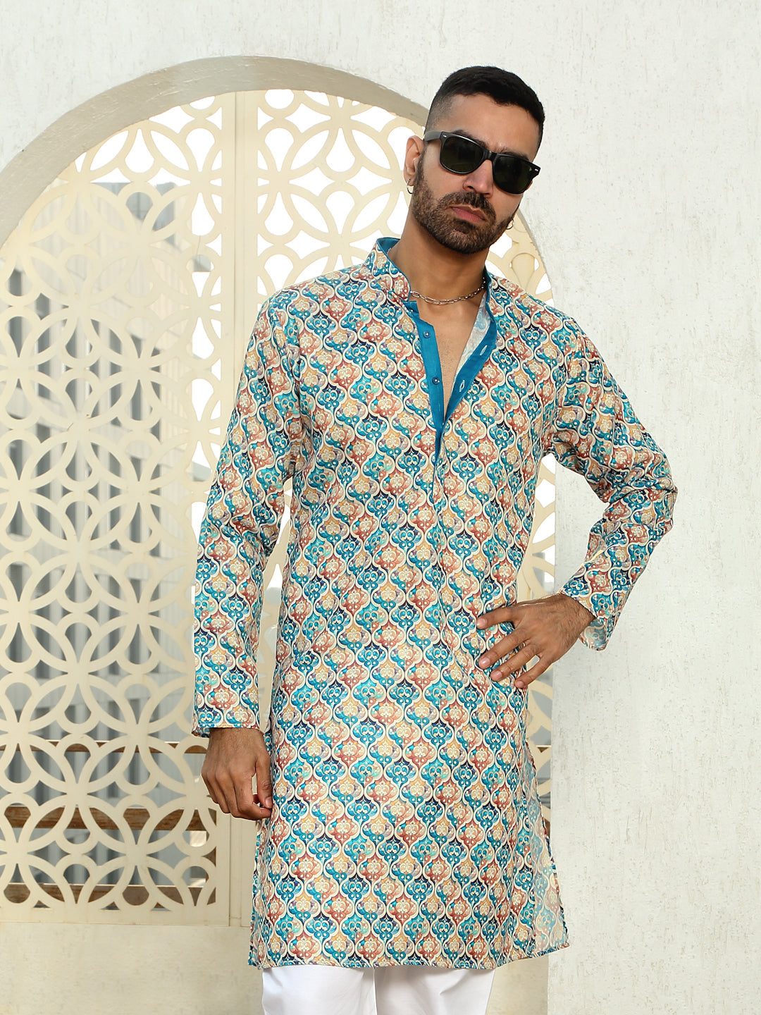 Cotton Geometric Print Straight Beige Blue Kurta Contrast Blue Piping on Collar