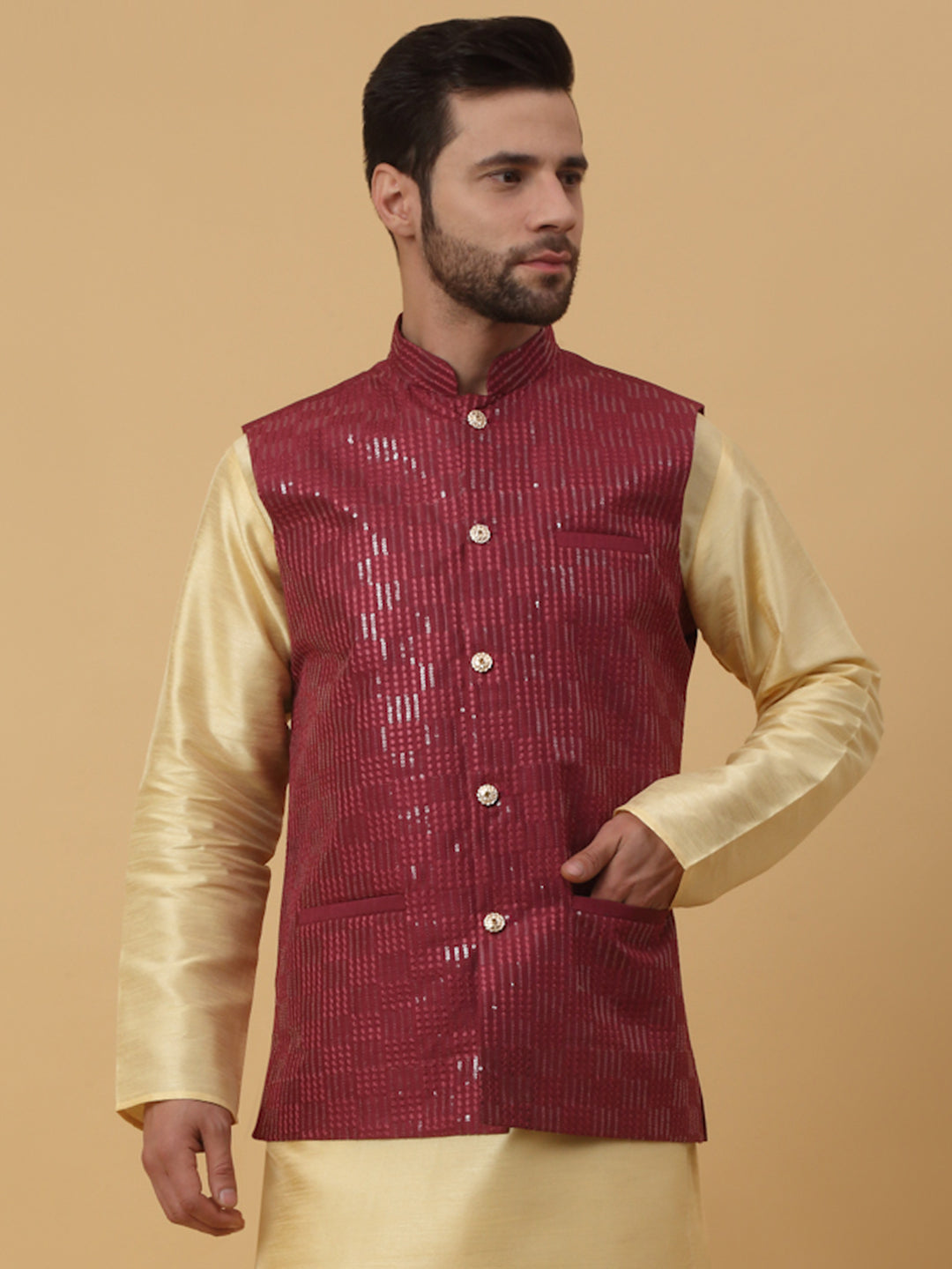 KRAFT INDIA Men's Cotton Silk Sequenced Sleeveless Embroided Nehru Jacket