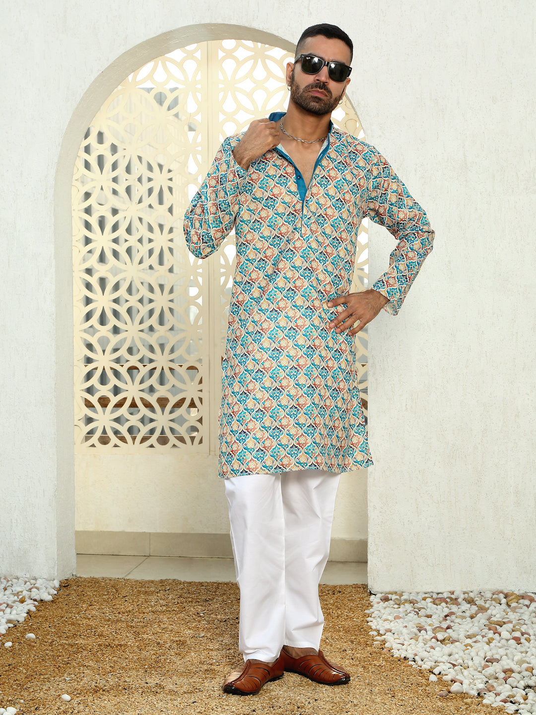 Geometric Print Straight Beige Blue Kurta with Contrast Blue Piping on Collar and white Elastic waistband Pyjama set
