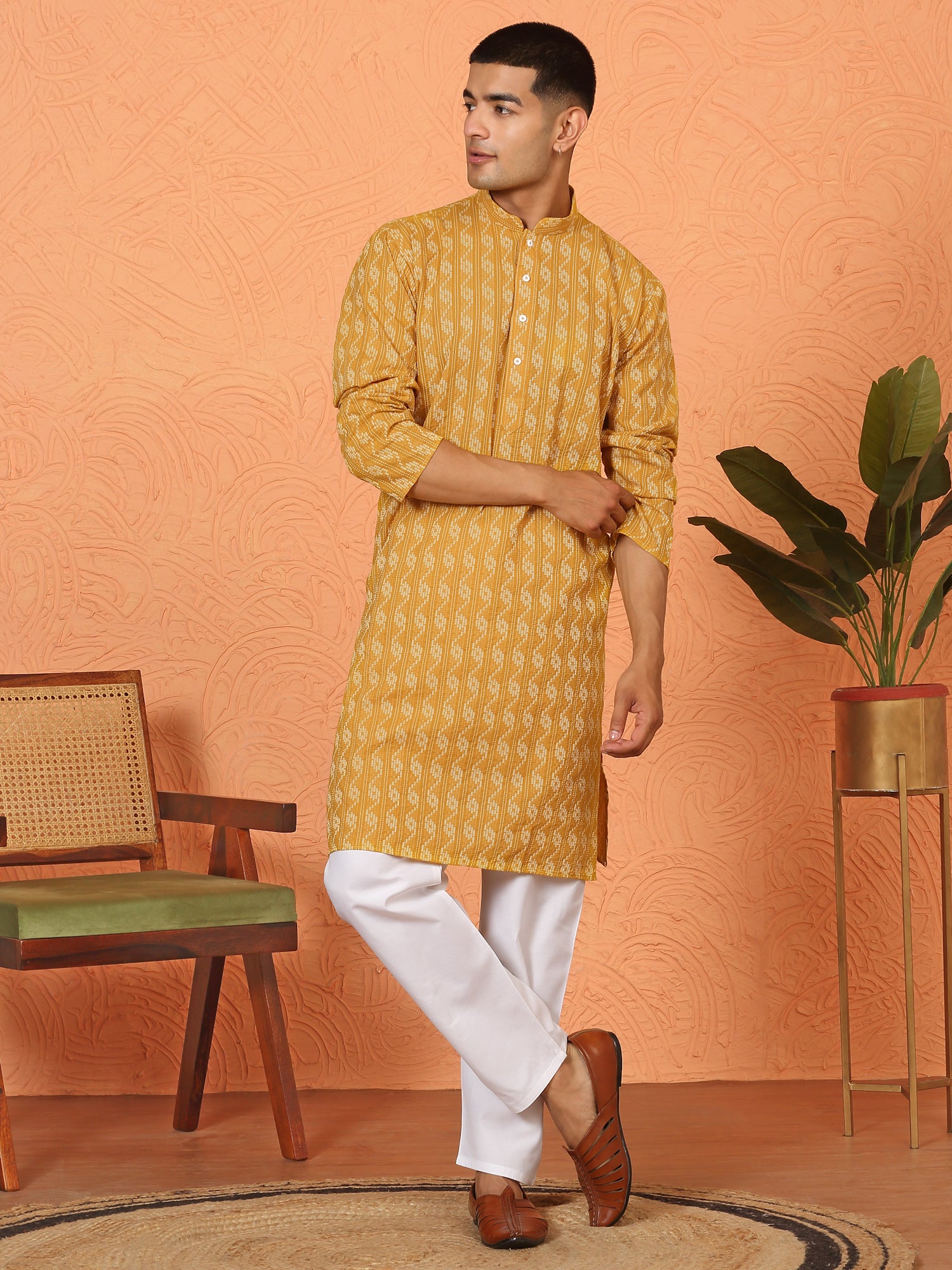 Men’s Cotton Woven Kantha Work Kurta Pyjama Set with Mandarin Collar