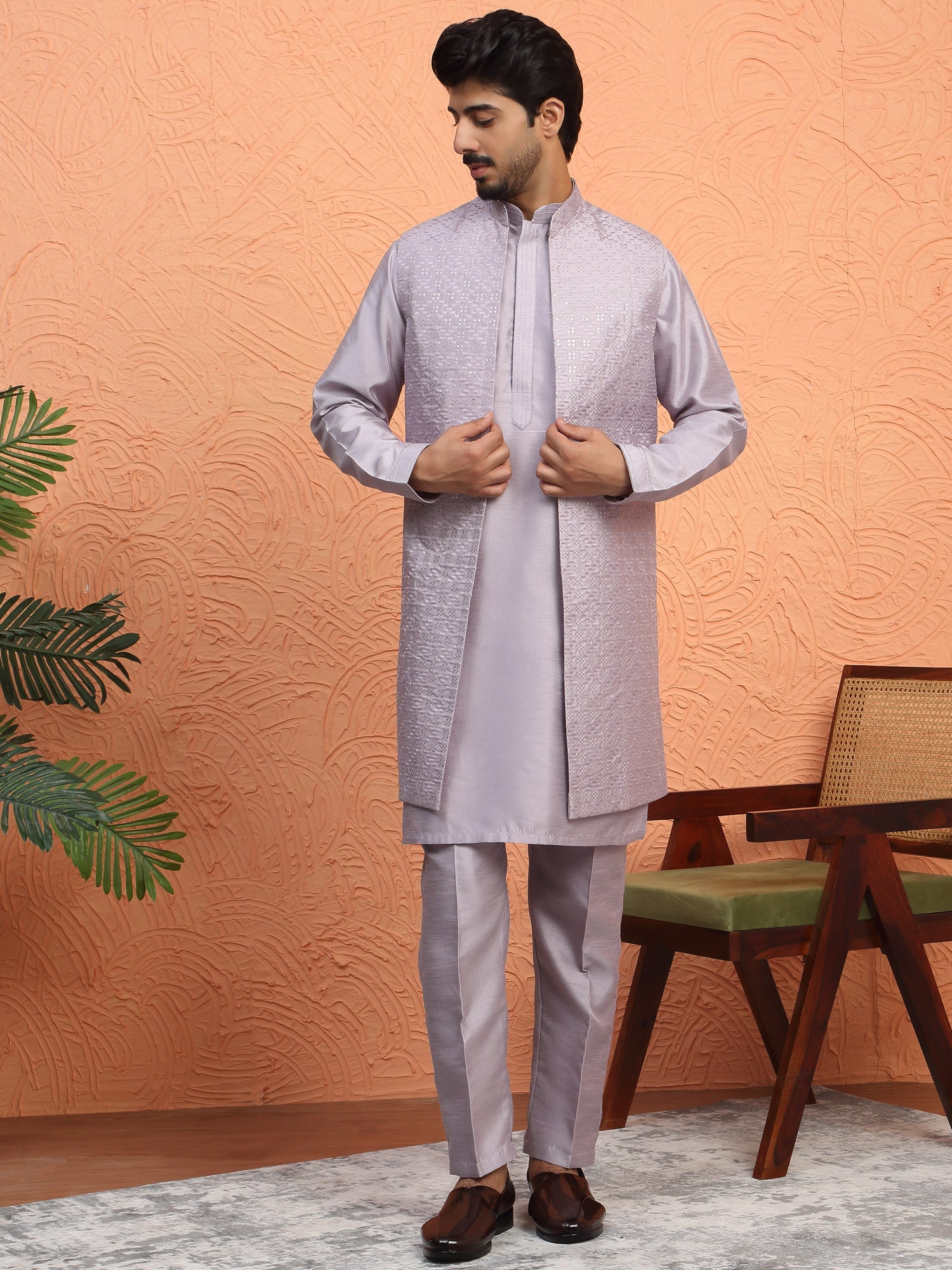 LUXE-Men's Silk Blend Anchor Work Kurta Trouser Set with Long Embroidered Sequin Nehru Jacket