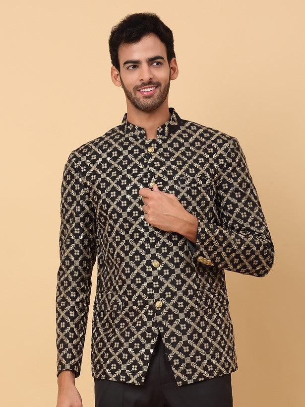 KRAFT INDIA Men's Regular Fit Embroidered Silk Blend Zari Bandhgala Coat