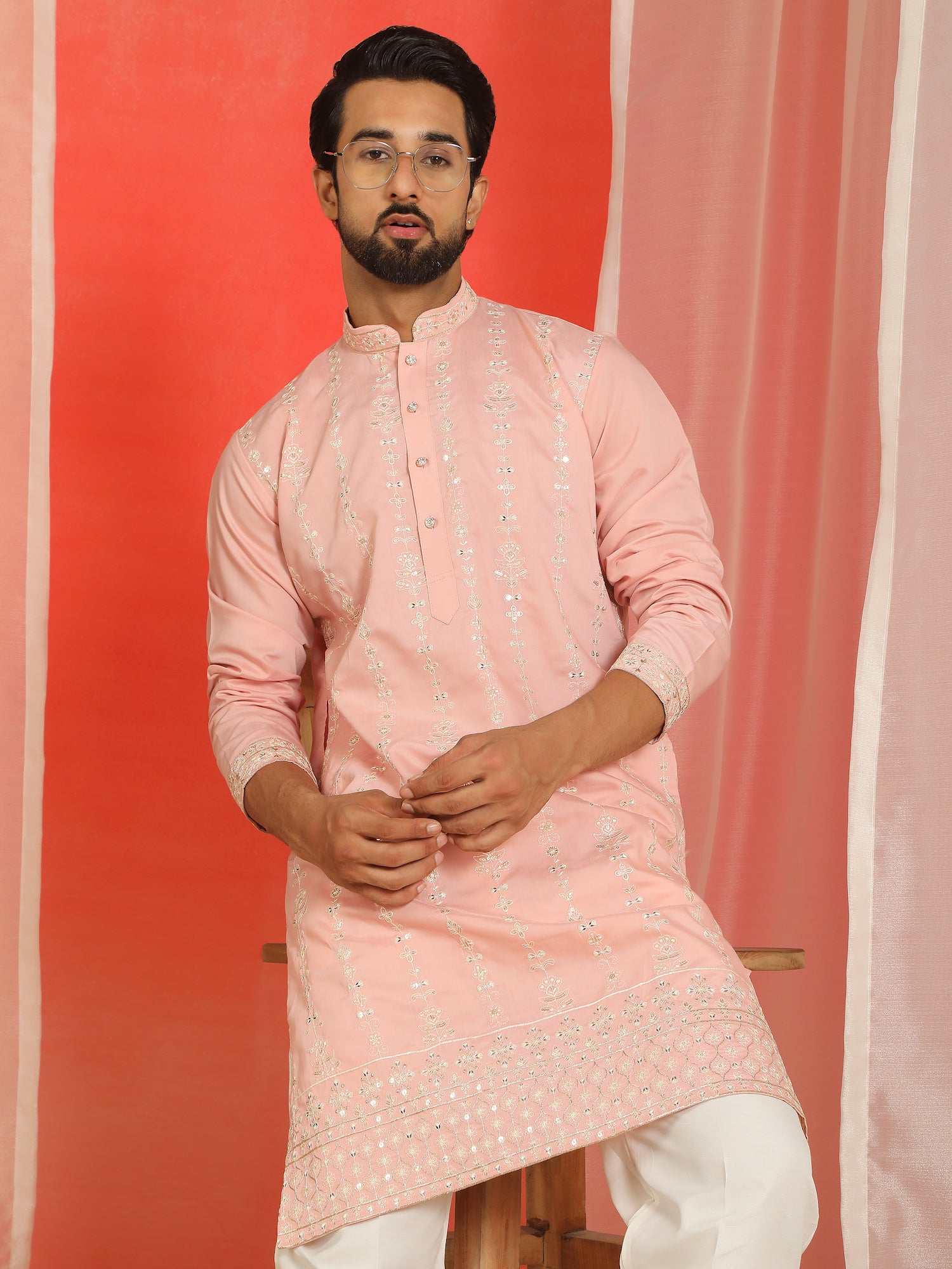 Men Cotton Silk Floral Thread Work Sequined Festive Kurta