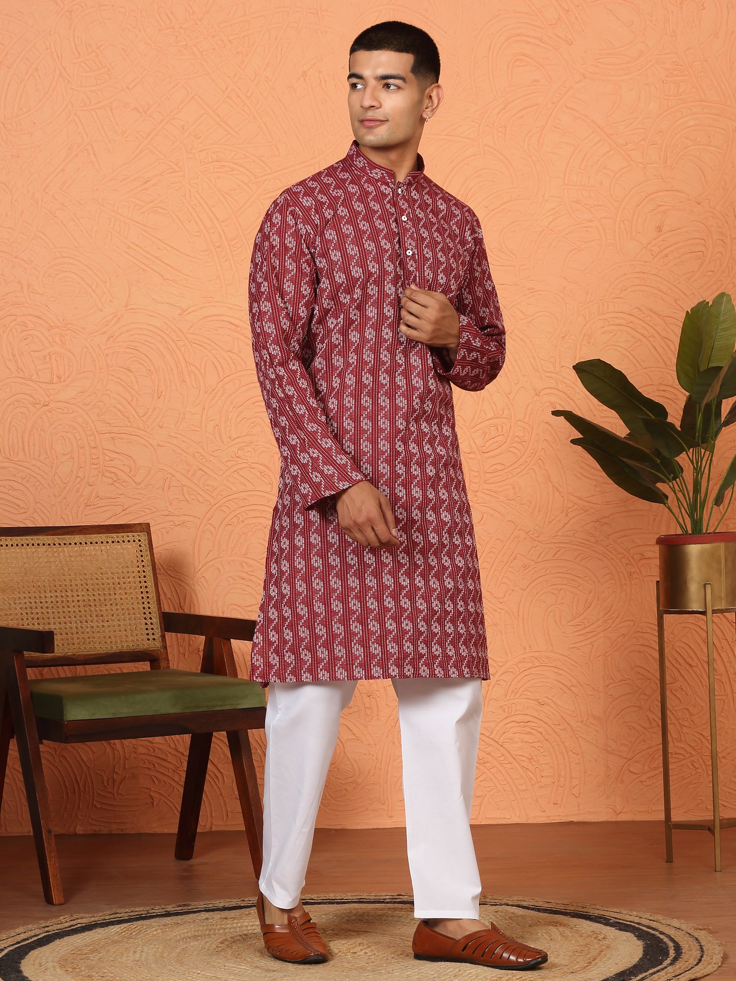 Men’s Cotton Woven Kantha Work Kurta Pyjama Set with Mandarin Collar