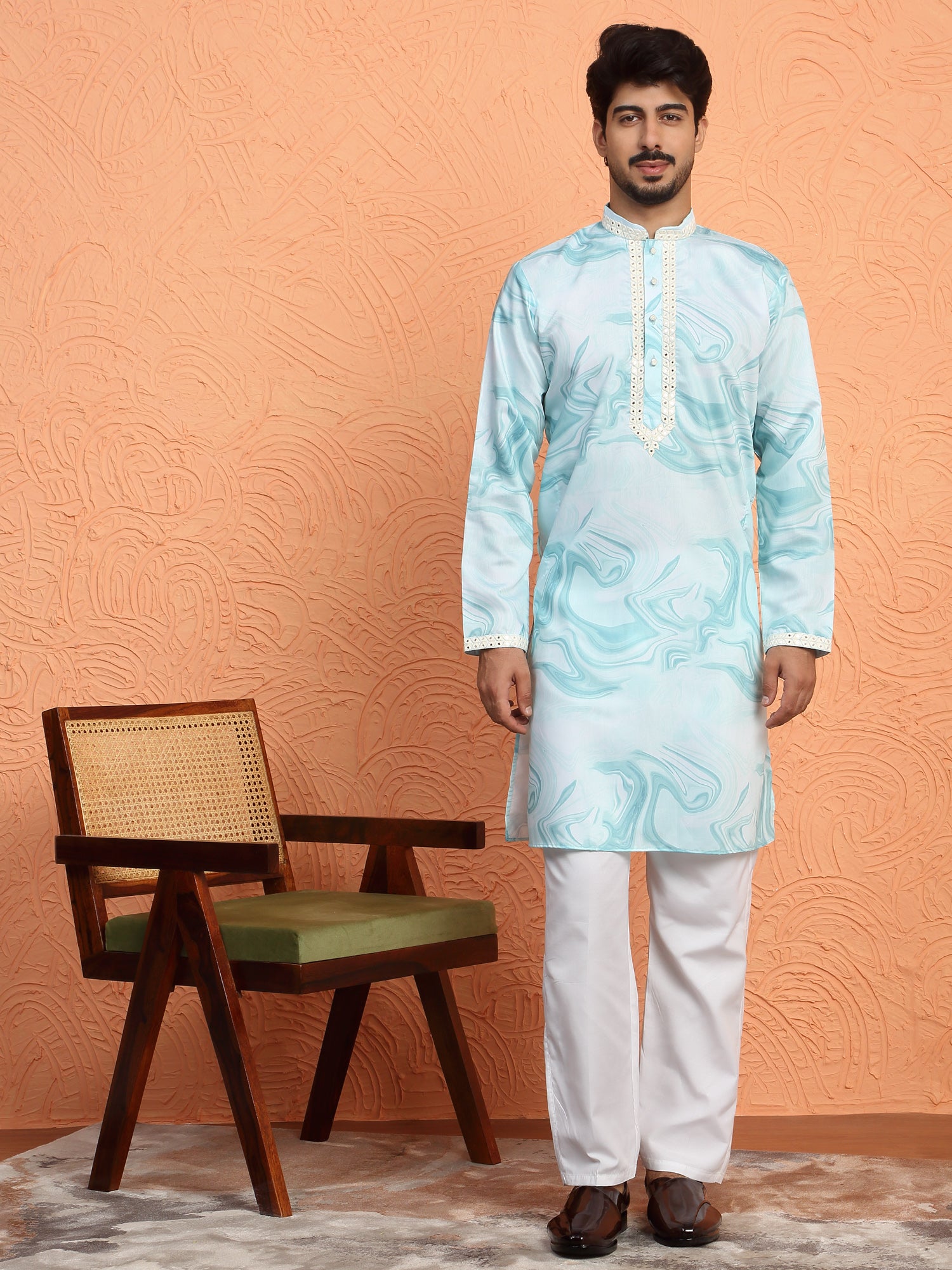 LUXE- Men's Cotton Silk Tie-Dye Printed Yoke Design Sequence Kurta