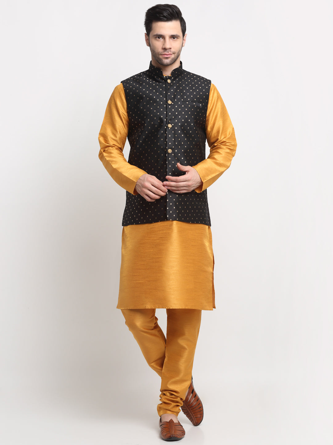 KRAFT INDIA Men's Silk Mustard Kurta Churidar With Polka Dotted Nehru Jacket Set