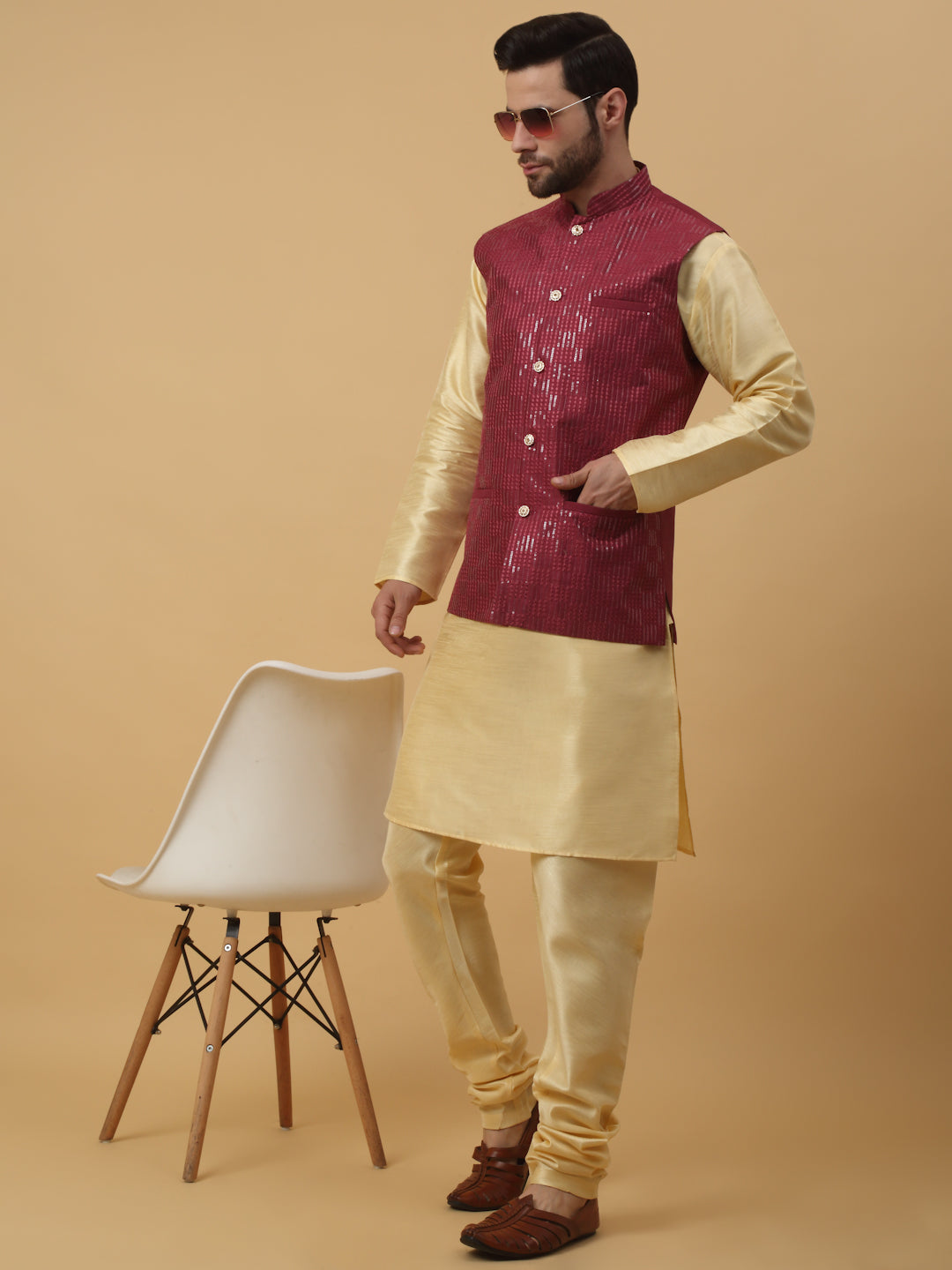 KRAFT INDIA Men's Silk Blend Beige Kurta, Churidar With Cotton Silk Sequenced Embroided Nehru Jacket set