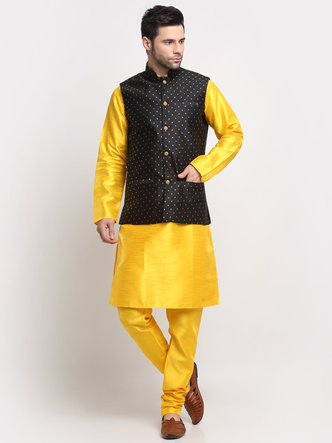 KRAFT INDIA Men's Silk Yellow Kurta Churidar With Polka Dotted Nehru Jacket Set