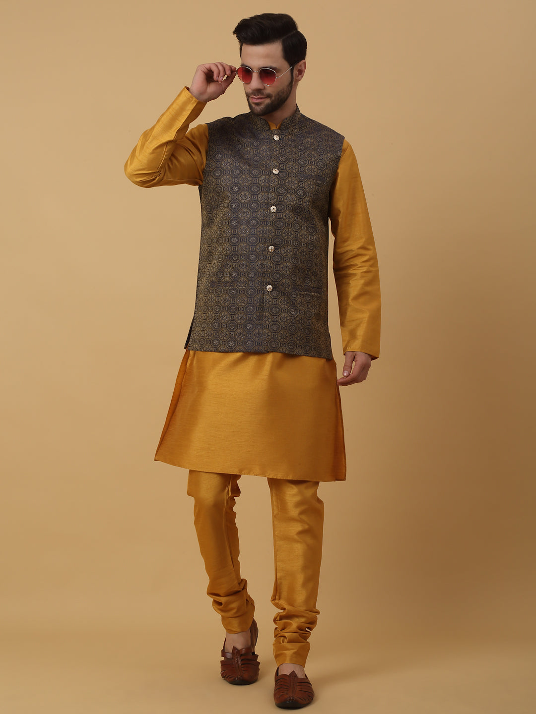 KRAFT INDIA Men's Silk Blend Mustard Kurta, Churidar with Jacquard Bandhani Silk Blend Nehru Jacket Set