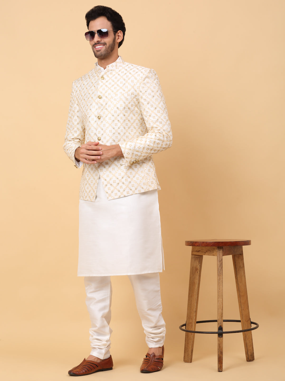 KRAFT INDIA Men's Silk Cream Kurta Churidar With Embroidered Zari Bandhgala Suit/Coat