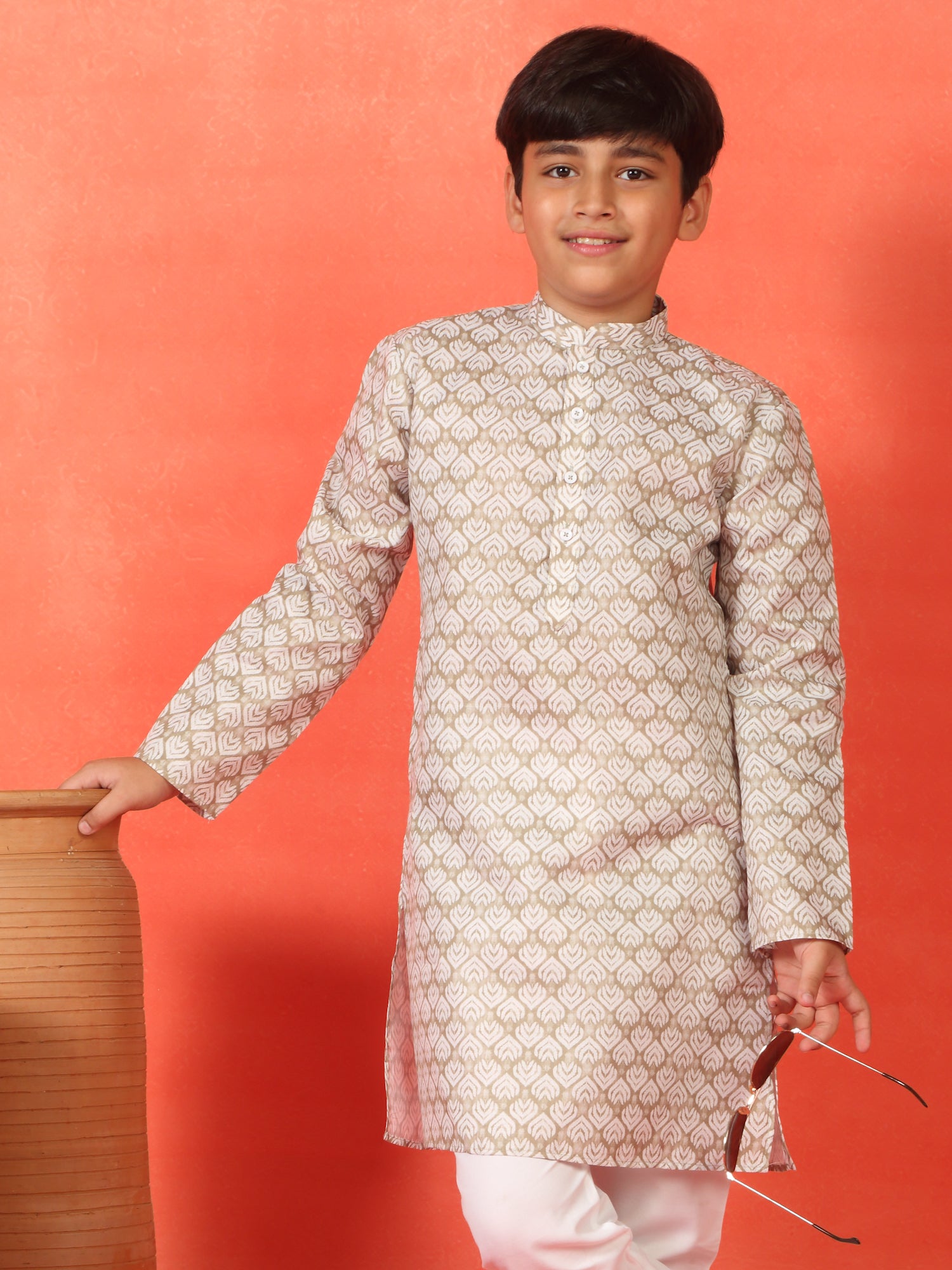 Kid's Geometric Print Cotton Blend Long Kurta