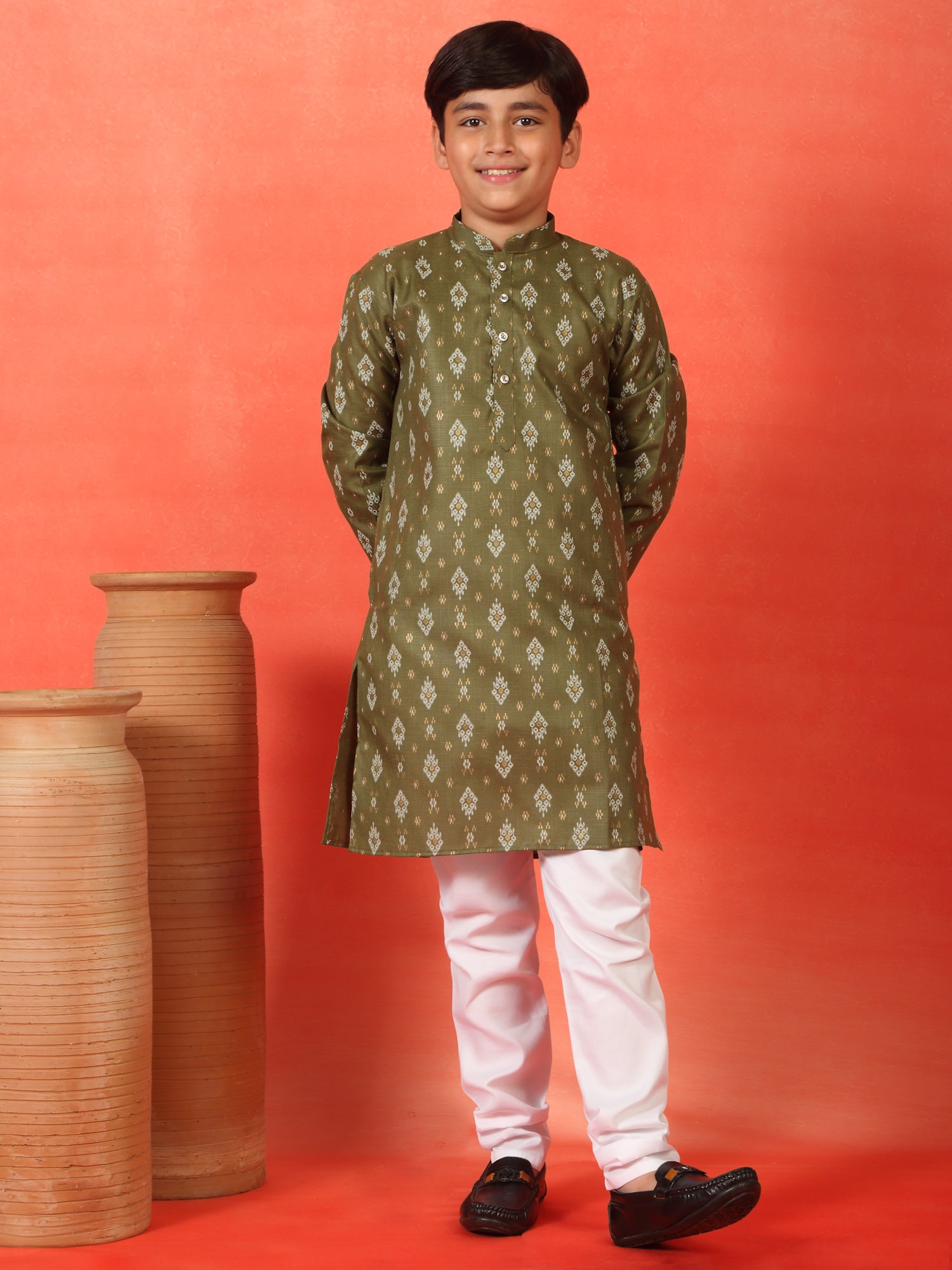 Kid's Geometric Print Cotton Blend Straight Kurta