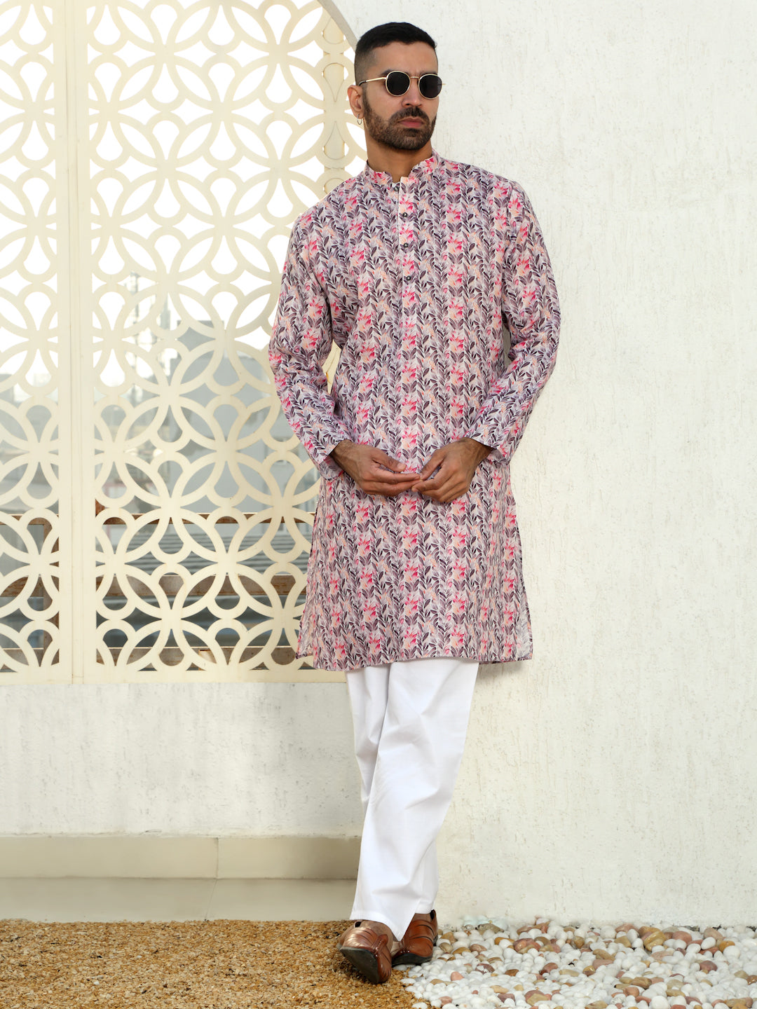 Cotton Leaf Printed Kurta with white Elastic waistband Pyjama set
