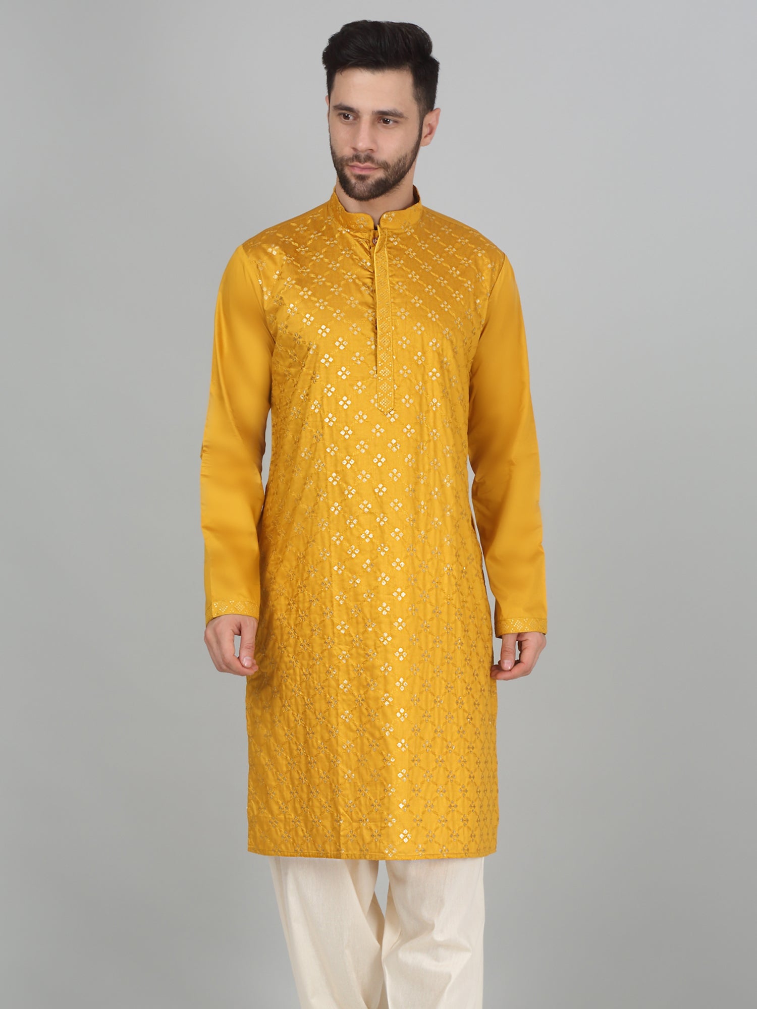 KRAFT INDIA Men's Cotton Silk Sequenced Embroided Kurta Only