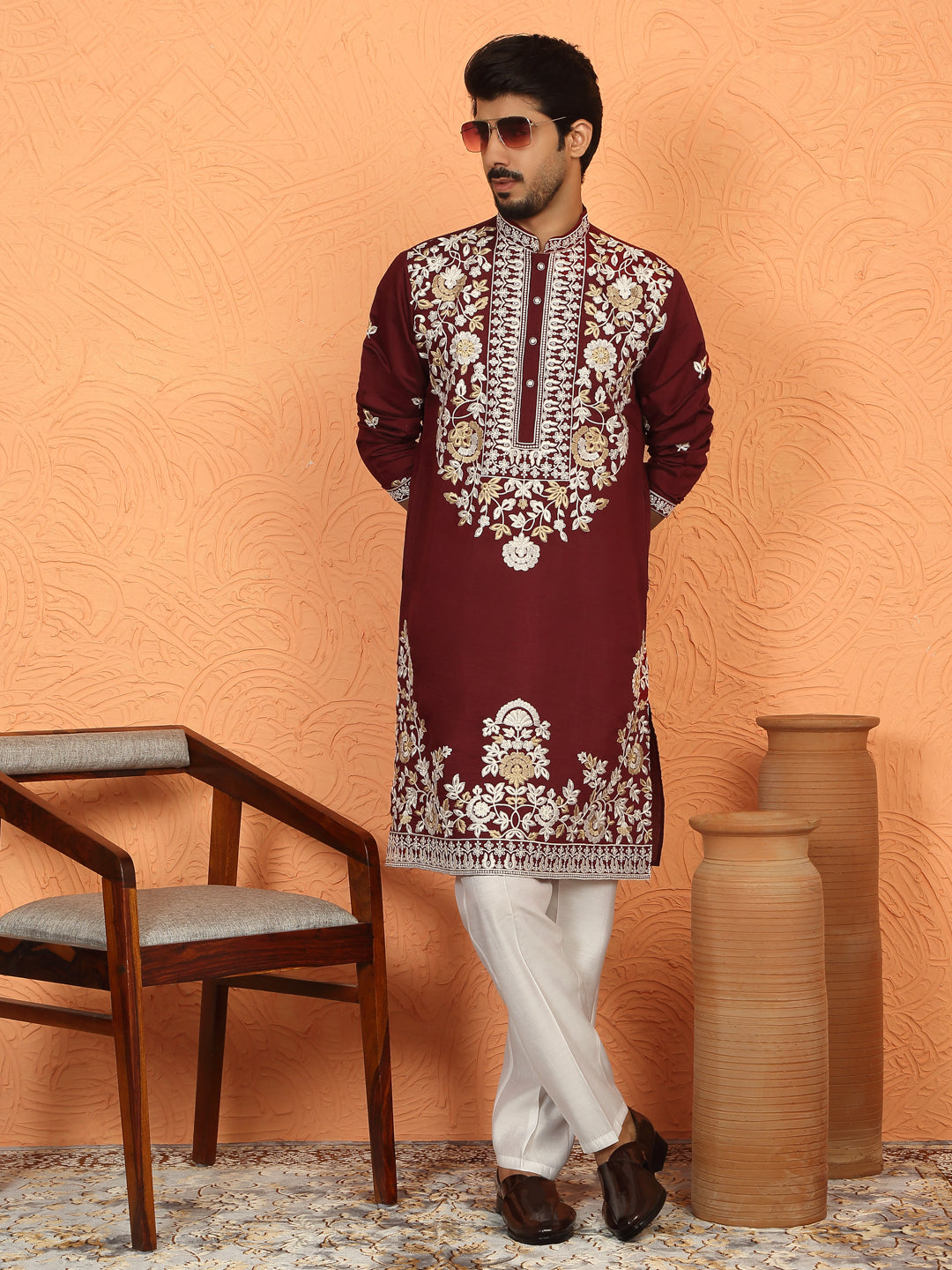 LUXE-Men’s Cotton Silk Embroidered Floral Design Straight Kurta