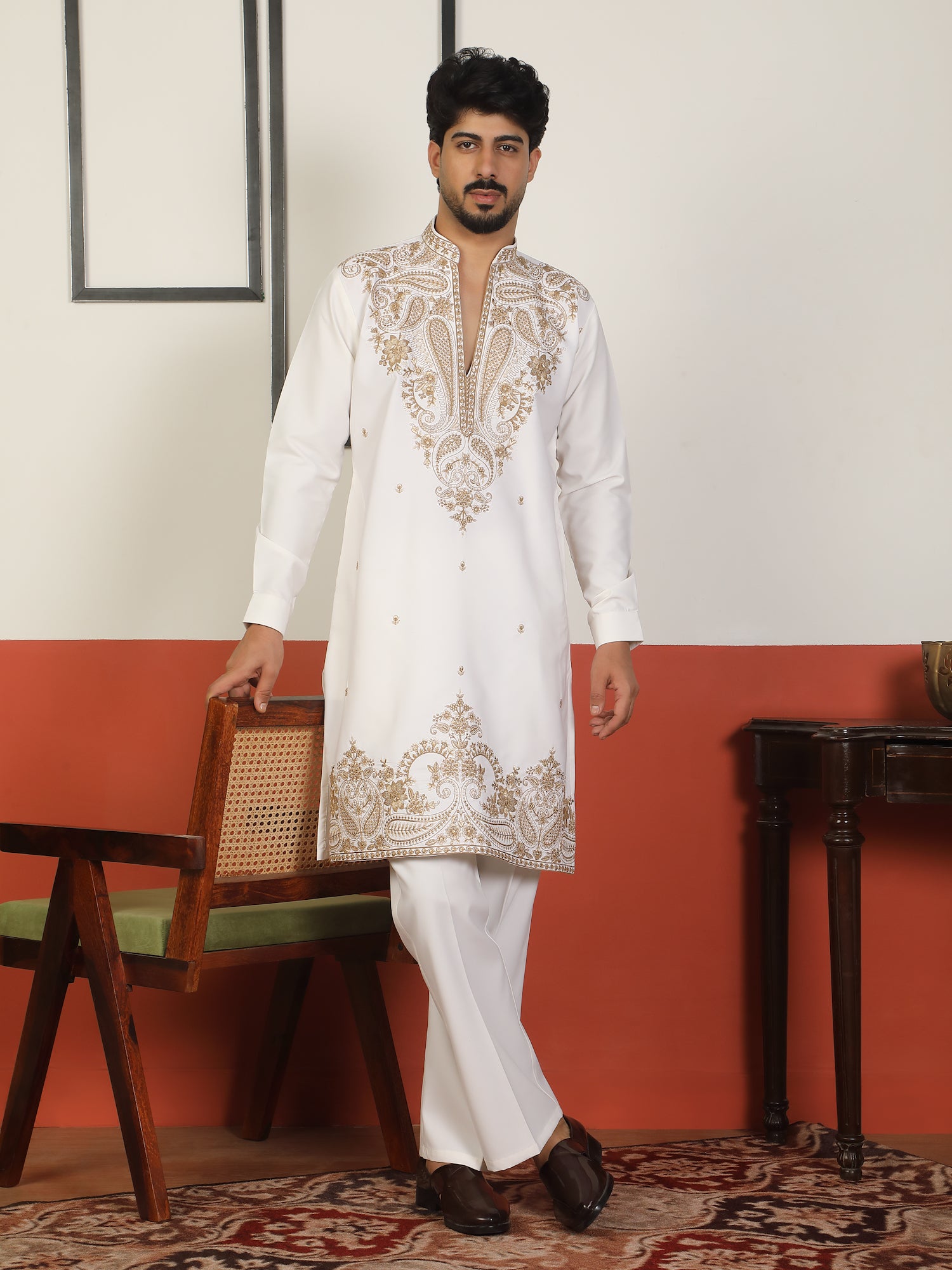 Men's Embroidered Yoke Design Japanese Fabric Daman Work Long Kurta