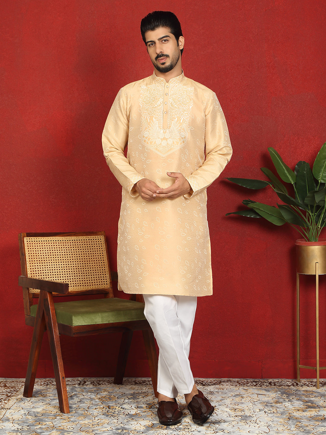 LUXE-Men’s Silk Jacquard Embroidered Floral Design Straight Kurta