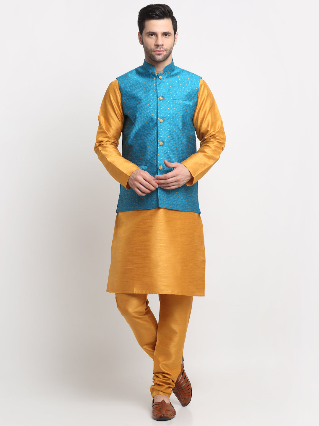 KRAFT INDIA Men's Silk Mustard Kurta Churidar With Polka Dotted Nehru Jacket Set