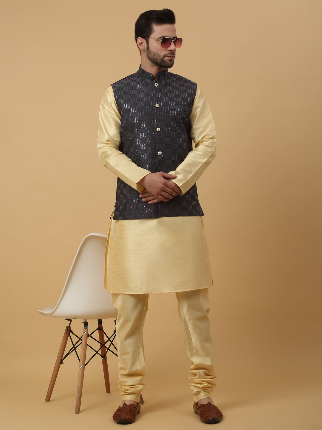 KRAFT INDIA Men's Silk Blend Beige Kurta, Churidar With Cotton Silk Sequenced Embroided Nehru Jacket set