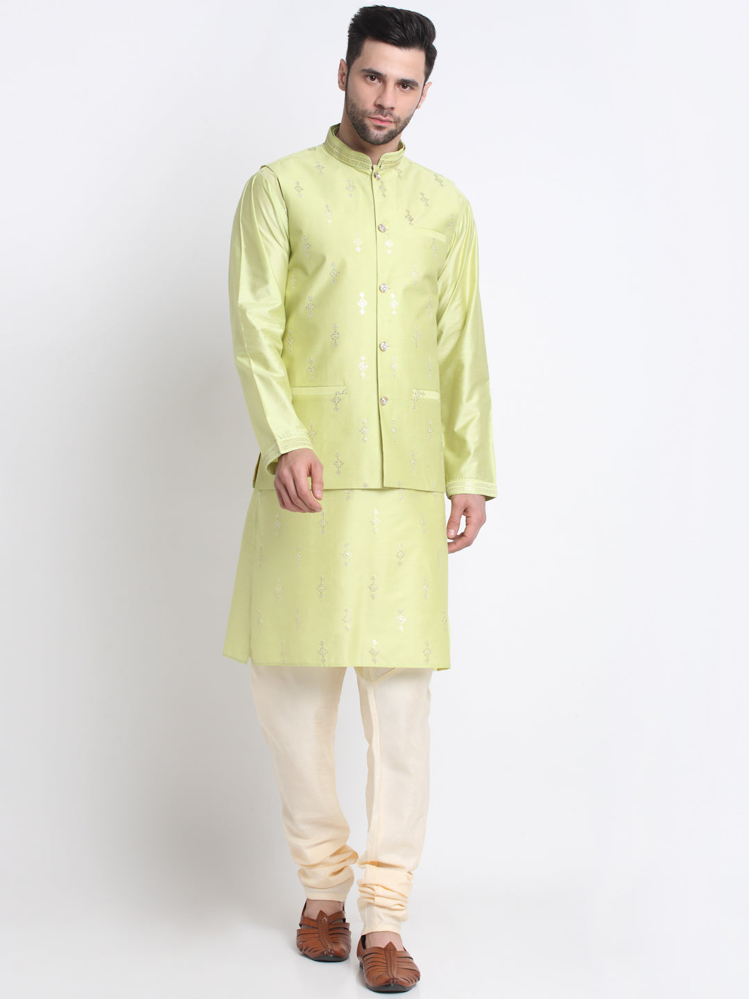 Ethnic Motifs Embroidered Sequence Regular Kurta With Churidar & Nehru Jacket