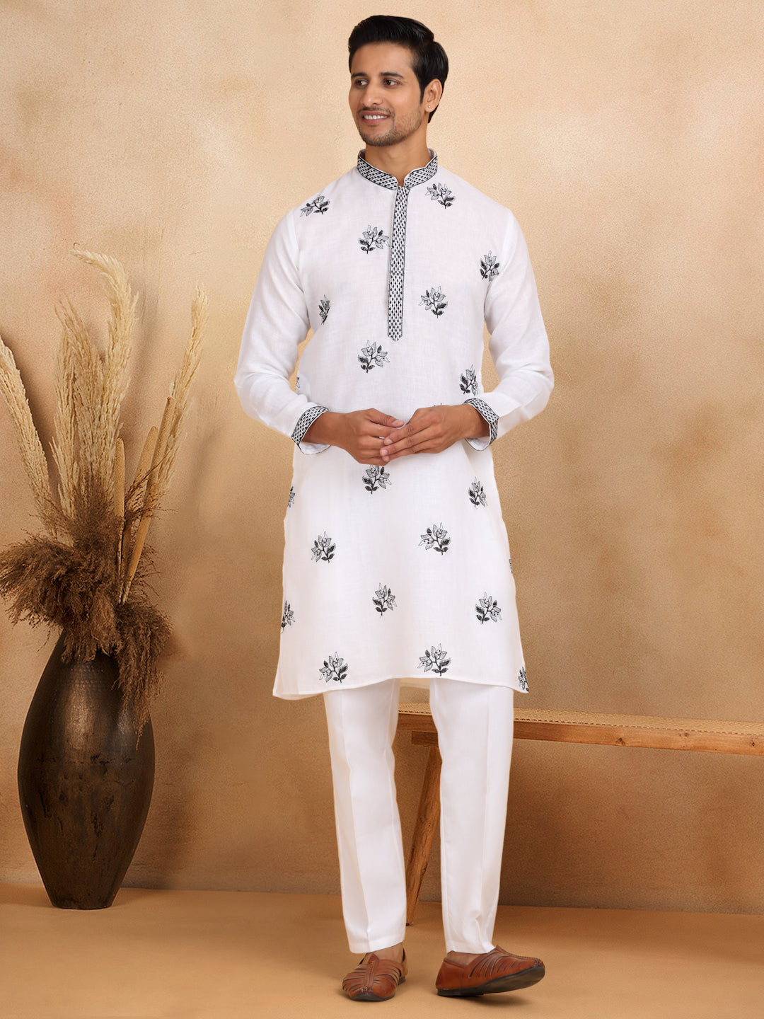 LUXE- Cotton Embroidered Work Straight Kurta With White Elastic Waistband Trouser Pant