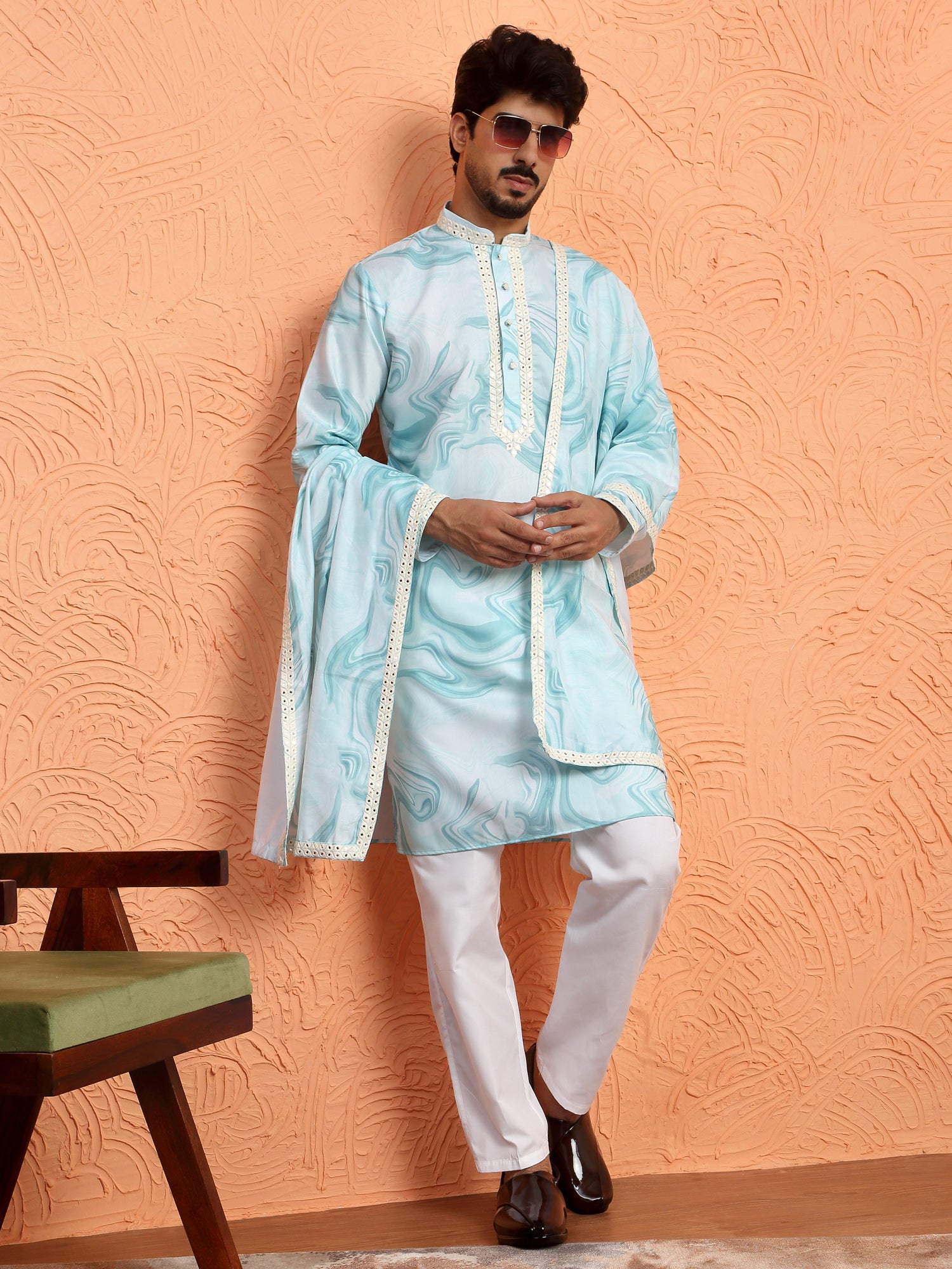 LUXE-Men's Cotton Silk Tie-Dye Printed Yoke Design Sequence Kurta Trouser Pant Set With Matching Duppatta