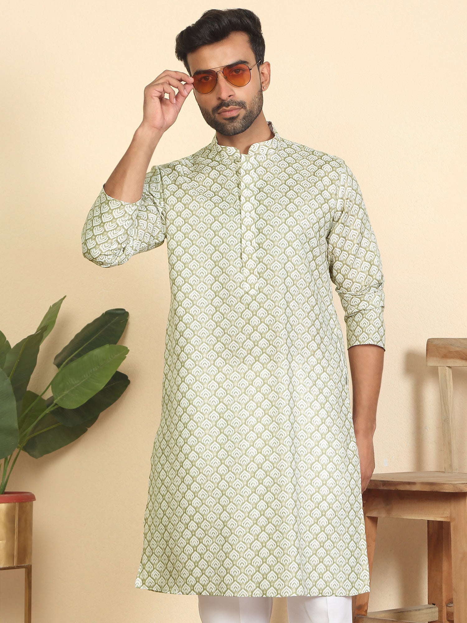 Men's Geometric Print Cotton Blend Kurta