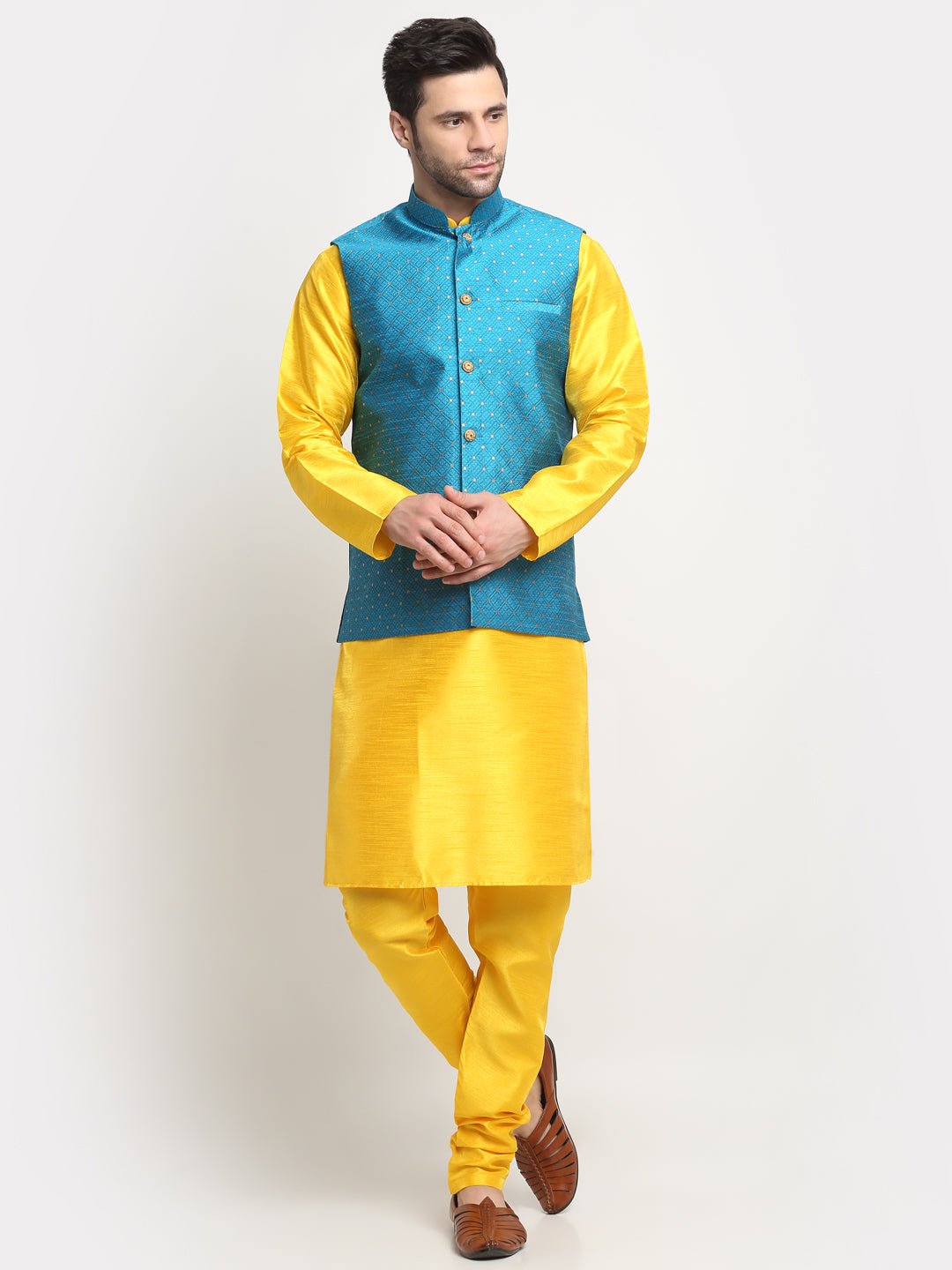 KRAFT INDIA Men's Silk Yellow Kurta Churidar With Polka Dotted Nehru Jacket Set