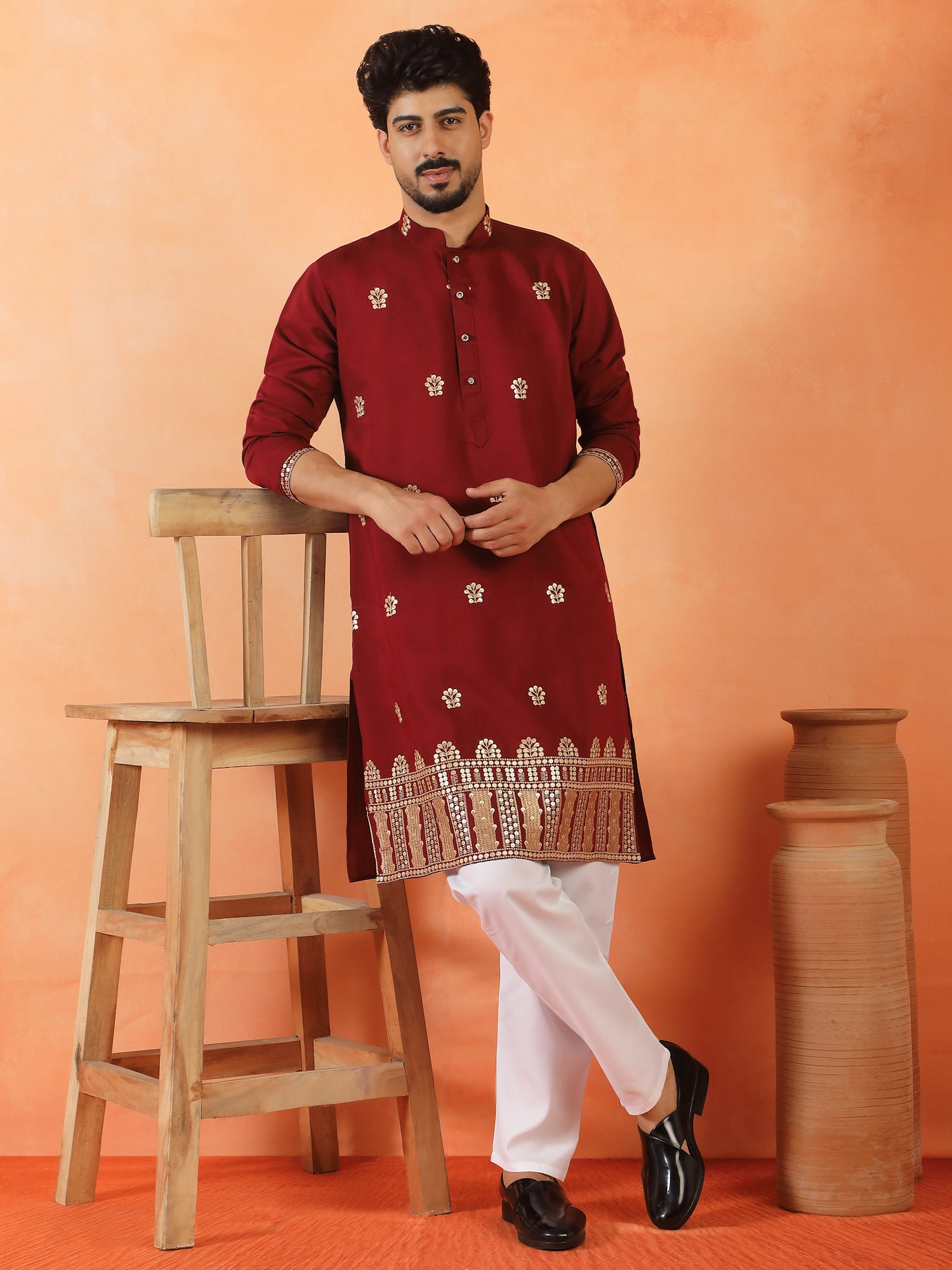 Men Embroidered Floral Designed Daman Work Cotton Silk Straight Long Kurta